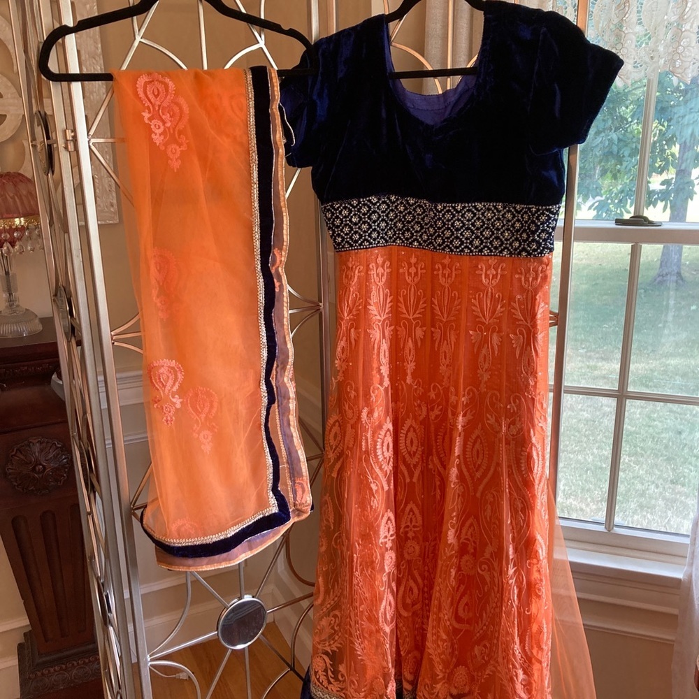 Indian Designer Light Orange and Navy Blue Velvet & Net Anarkali - Picture 4 of 4
